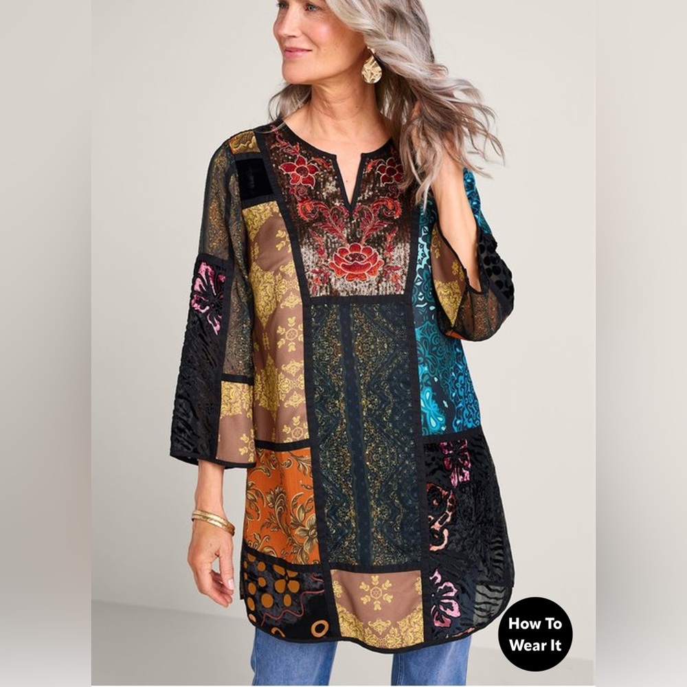 Soft Surroundings Adassa Tunic Top Sequin Velvet Multi Print Bohemian Sz XL